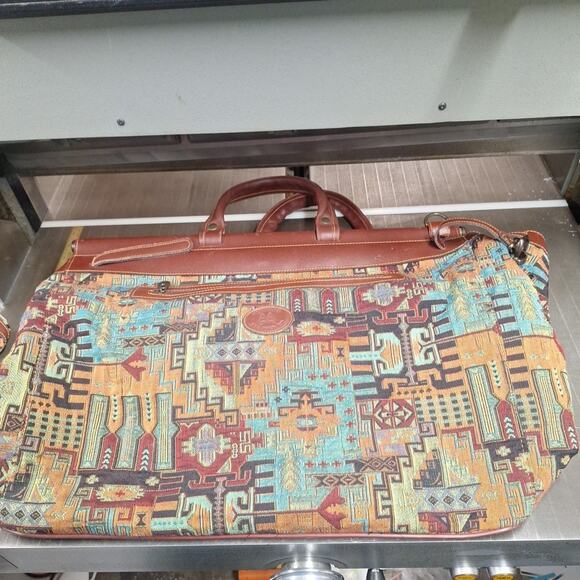 Genuine Leather Tapestery Satchel Bag Luggage Aztex Southwest 20x15x10 - Picture 1 of 9